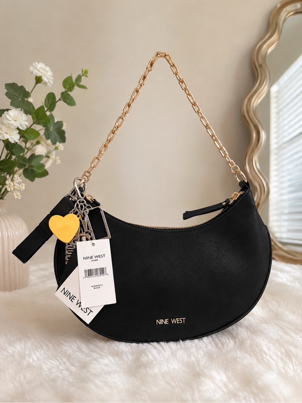 Nine West Black Crescent Shoulder Bag with Gold Chain Strap and Charm